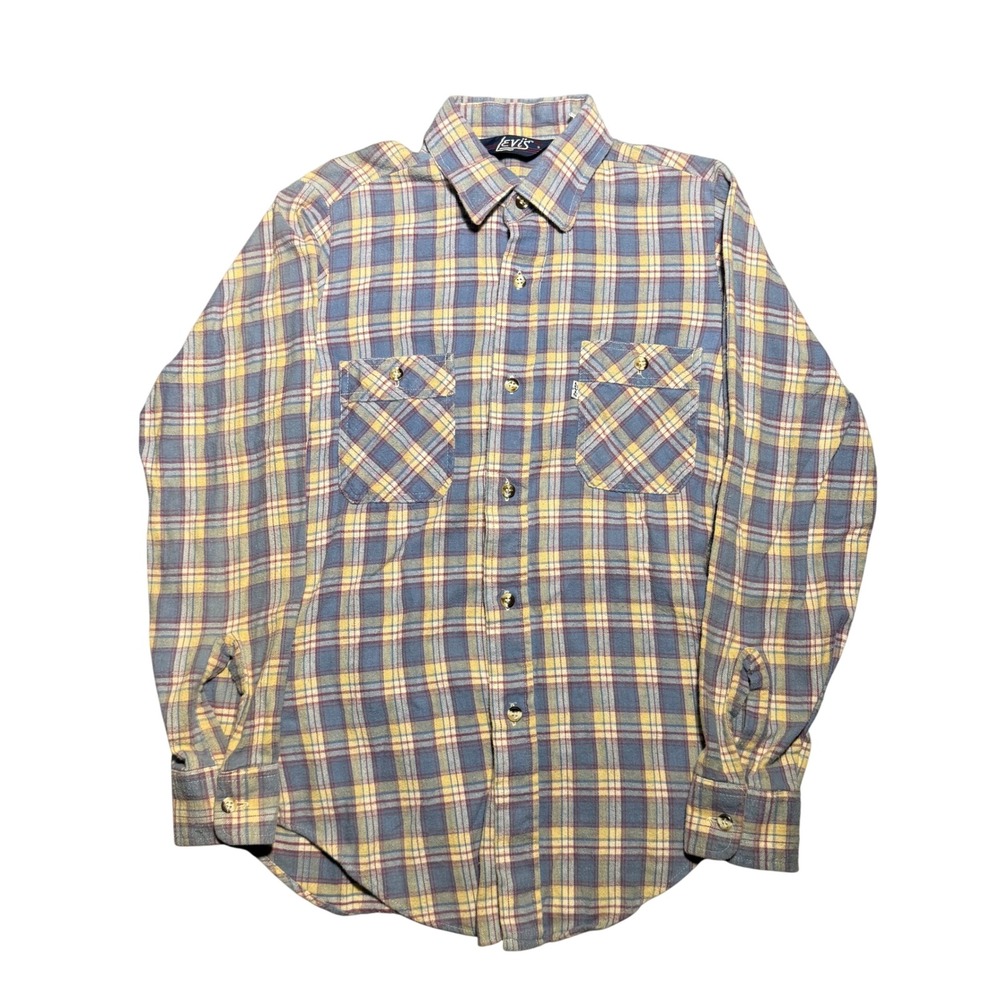 Vintage Levis Plaid Flannel Button Down Shirt Blue Yellow Red Small